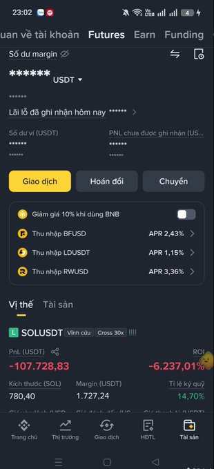 A Binance Futures account screenshot showing a long SOL/USDT position with 30x leverage, displaying a PnL (USDT) of -107,728.83 and ROI of -6,237.01% on a position size of 780.40 SOL with 14.70% liquidation price. This visually represents the painful unrealized losses on the trader's long-term $SOL bet mentioned in the caption, illustrating why they had to sell their house to keep the position afloat.