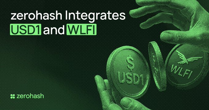 A promotional graphic with a dark green background announcing 'zerohash Integrates USD1 and WLFI', featuring the zerohash logo and 3D rendered hands exchanging stylized coins labeled 'USD1' and 'WLFI'.