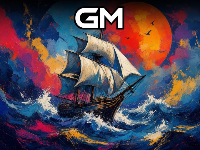 A vibrant, painterly digital artwork of a sailing ship navigating stormy seas beneath a fiery red sun, with the bold white letters "GM" overlaid at the top center.