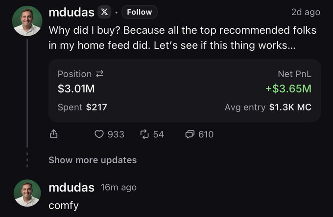 A social media post by user "mdudas" showing a position worth $3.01M with a net PnL of +$3.65M after spending only $217, with the user admitting they bought the coin ($TOAD) because top recommended accounts did, followed by a follow-up comment simply stating "comfy."