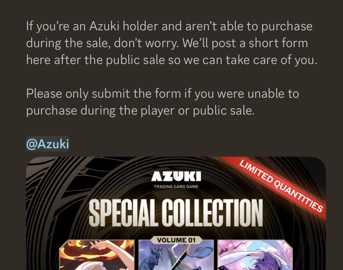 Social media post from @Azuki addressing NFT holders who couldn't purchase during the sale, referencing their Special Collection Volume 01 Trading Card Game with 'Limited Quantities'.