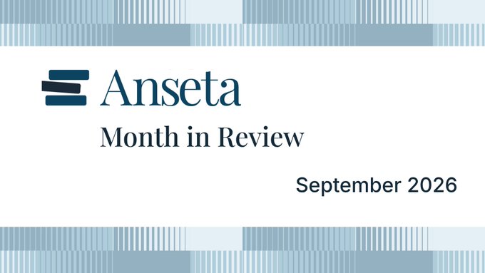 A presentation slide titled "Anseta Month in Review" dated "September 2026" with a blue striped border design.