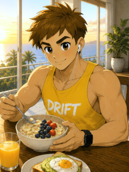 A muscular anime-style young man with brown hair enjoys a healthy breakfast of oatmeal with berries, avocado toast with a fried egg, and orange juice on a balcony overlooking the ocean, wearing a yellow tank top reading "DRIFT" and earbuds—perfectly capturing a cheerful "Good morning" vibe.