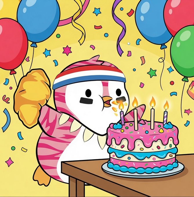 A cartoon striped dinosaur wearing a party hat blows out candles on a pink birthday cake, surrounded by colorful balloons, confetti, and streamers in a festive celebration scene that matches the cheerful "Happy birthday to me!" post.