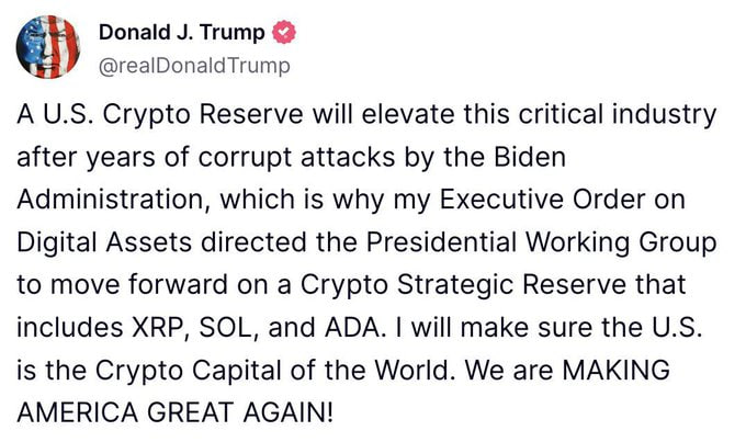 A screenshot of a tweet from Donald J. Trump (@realDonaldTrump) announcing that his Executive Order on Digital Assets directed the Presidential Working Group to establish a U.S. Crypto Strategic Reserve including XRP, SOL, and ADA, declaring the U.S. will become the "Crypto Capital of the World" and ending with "We are MAKING AMERICA GREAT AGAIN!" The image directly corresponds to the accompanying post celebrating Trump's official announcement of the crypto reserve featuring XRP, SOL, and ADA.