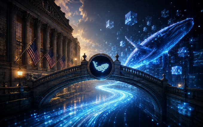 A classical building adorned with American flags stands beside a futuristic cosmic scene featuring a glowing whale and floating digital cubes, with a luminous bridge bearing a winged logo symbol spanning the divide between traditional finance and a digital realm. The image visually represents the central theme of the post—bridging traditional RWA (Real World Asset) lending with the often-overlooked on-chain mechanics of tokenized assets, where price movements (symbolized by the soaring whale) trigger lending dynamics few discuss.