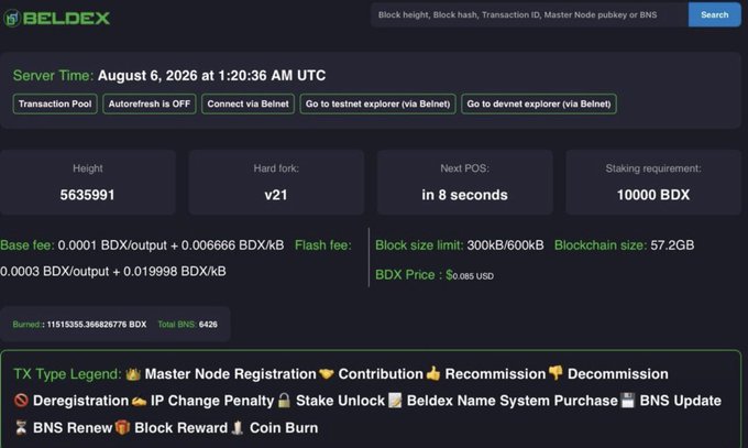 A dashboard for the Beldex cryptocurrency explorer showing server time as August 6, 2026, with block height 563591, hard fork v21, and various transaction fee details including a BDX price of $0.085 USD.