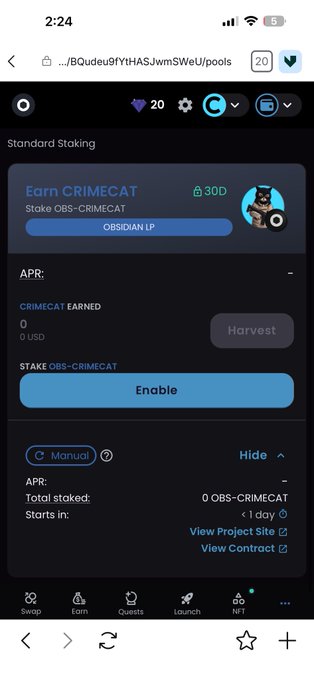 A mobile screenshot of a crypto DeFi interface showing a 'Standard Staking' pool to 'Earn CRIMECAT' by staking OBS-CRIMECAT, with 30D lock and an 'Enable' button.
