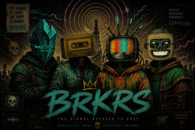 A stylized retro-futuristic poster titled 'BRKRS' featuring four hooded figures with TV, cassette, and robot heads, with text reading 'THE SIGNAL REFUSED TO OBEY' and 'BROADCAST WARS RESISTANCE NETWORK.'