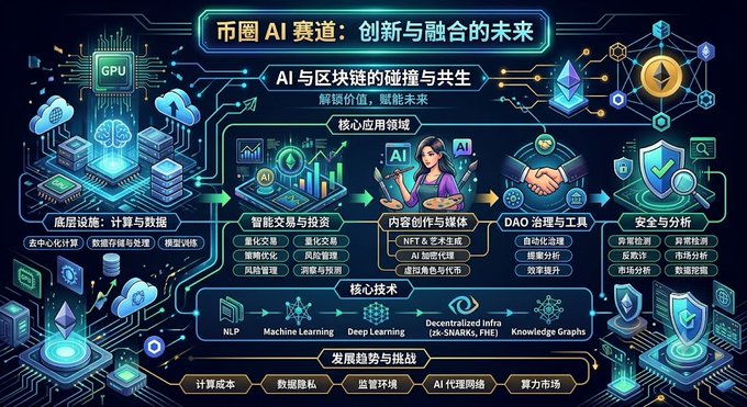 A complex Chinese-language infographic titled '币圈 AI 赛道：创新与融合的未来' (Crypto AI Track: Future of Innovation and Integration), illustrating the collision and symbiosis of AI and blockchain with sections on core applications and core technologies.