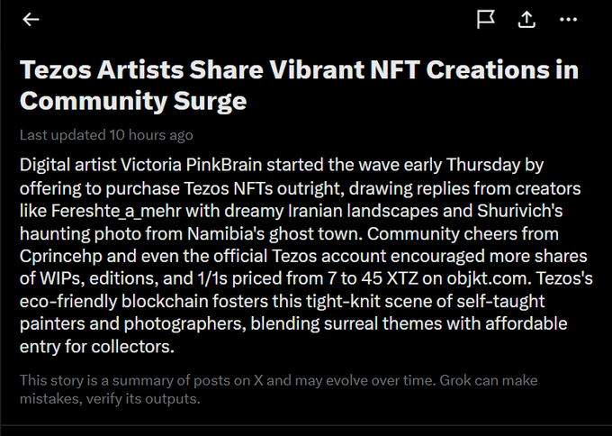The image shows a Grok-generated news summary titled "Tezos Artists Share Vibrant NFT Creations in Community Surge," which highlights 1/1 NFT prices ranging from 7 to 45 XTZ—fueling the post's criticism that such low pricing (roughly $1.64 to $10.56) for unique works is devaluing artists and potentially encouraging low-quality "AI slop art."