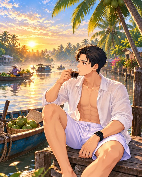 An anime-style illustration of a young man with dark hair in an unbuttoned white shirt and shorts, sitting on a dock by a tropical river at sunset, drinking from a cup.