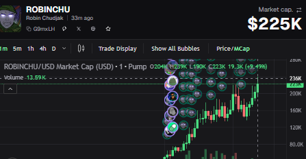 A screenshot of the "ROBINCHU" cryptocurrency token page showing a market cap of $225K with a trading chart displaying green and red candlesticks.