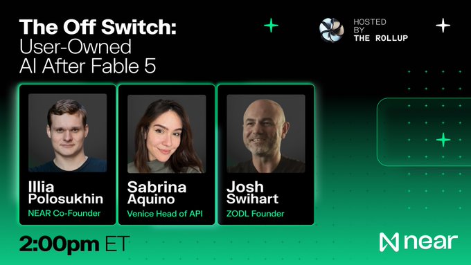 The image shows a poster for an event called "The Off Switch" that focuses on user-owned AI. The poster features three people's faces, each representing a different perspective on the topic. The first person is a woman named Sabrina, the second person is a man named Josh, and the third person is another woman named Illia. They are all smiling for the camera, indicating their enthusiasm about the discussion. The event is scheduled to take place at 2:00 PM, as indicated by the text on the poster.