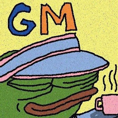 A cartoon Pepe the Frog character wearing a blue and pink striped hat, drinking from a mug with the letters 'GM' above.