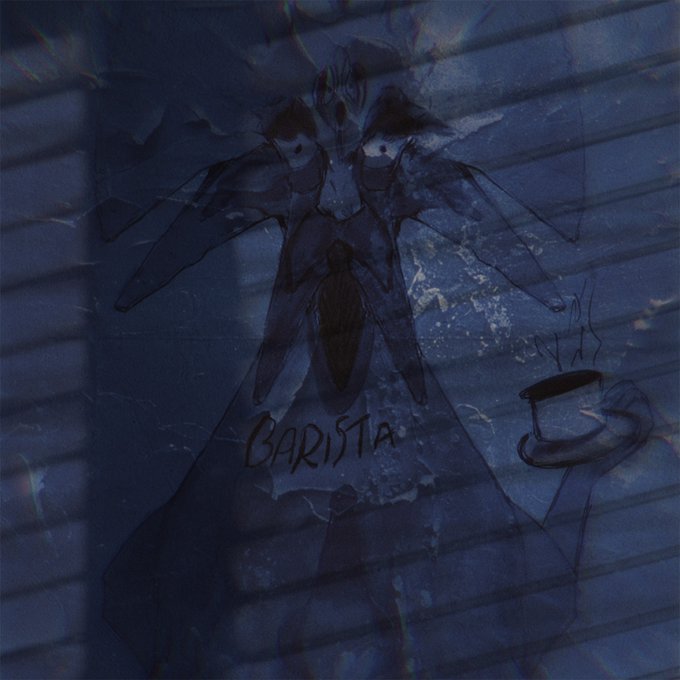 Dark, moody digital artwork featuring a shadowy winged figure with the word 'BARISTA' written across it, next to a sketched coffee cup on a window blind background.