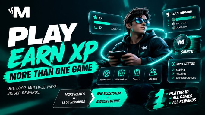 A promotional graphic for a gaming platform featuring the text "PLAY EARN XP MORE THAN ONE GAME" alongside an illustration of a young man gaming, highlighting features like sports picks, tale sessions, quests, referrals, and a leaderboard.
