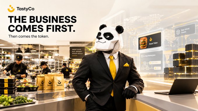 An advertisement for 'TastyCo' featuring a mascot in a panda mask and suit with a yellow tie, standing in a kitchen. The text reads 'THE BUSINESS COMES FIRST. Then comes the token.'