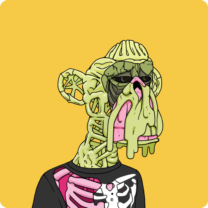 An illustration of a stylized character with an exposed skull-like face, mechanical details, and pink elements on its shirt against a bright yellow background.