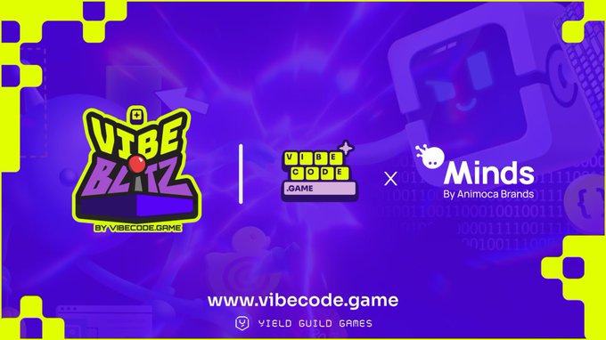 A promotional graphic announcing the "Vibe Bliz" game jam collaboration, featuring the Vibe Bliz and Vibecode Game logos alongside the "Minds by Animoca Brands" branding, set against a vibrant purple background with the URL www.vibecode.game and "Yield Guild Games" displayed at the bottom.