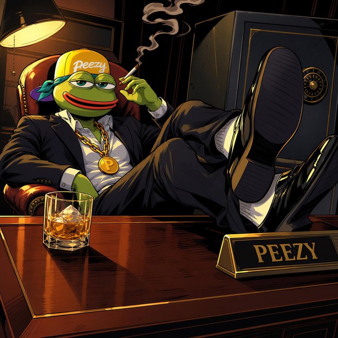 An illustrated cartoon of the Pepe the Frog character labeled 'PEEZY,' wearing a suit and gold chain, smoking a cigarette with feet propped on a desk next to a glass of whiskey.
