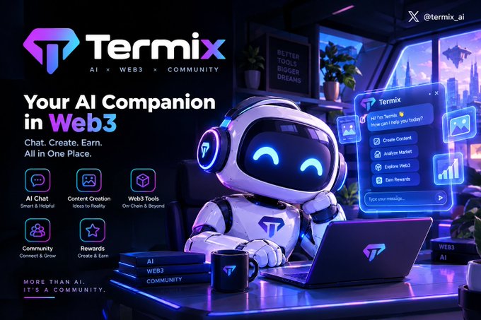 A promotional image for 'Termix' describing it as 'Your AI Companion in Web3,' featuring a cute robot mascot at a desk with feature icons for AI Chat, Content Creation, and Rewards.