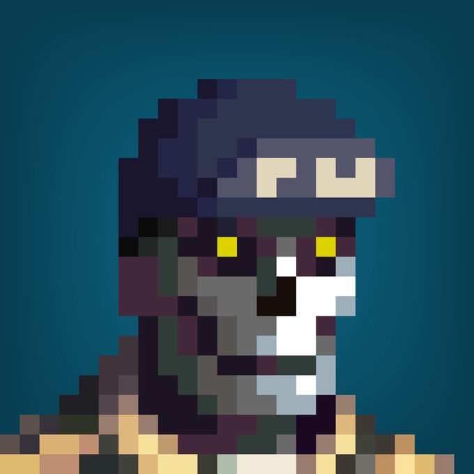 A pixel art portrait of a character with dark hair, yellow eyes, and a dark mask, set against a solid teal background.