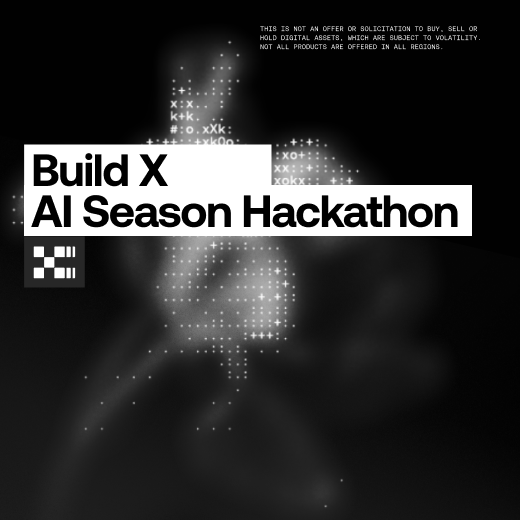The image is a black promotional graphic for the "Build X AI Season Hackathon," featuring pixelated ASCII art and a disclaimer that digital assets are subject to volatility, tying into the post's announcement of X Layer's hackathon with a $300,000 prize pool.