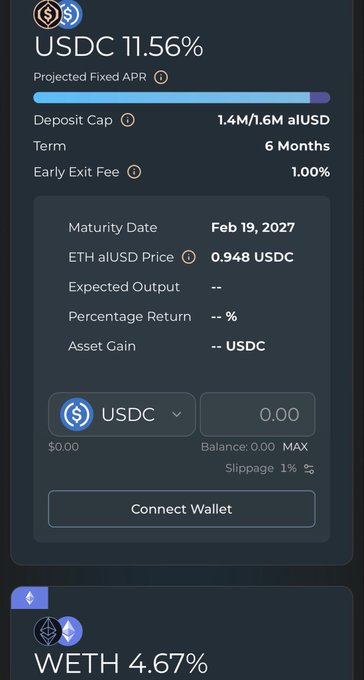 A screenshot of a cryptocurrency DeFi platform showing a USDC fixed APR yield of 11.56% with a 1.4M/1.6M aIUSD deposit cap and a 6-month term maturing on Feb 19, 2027.