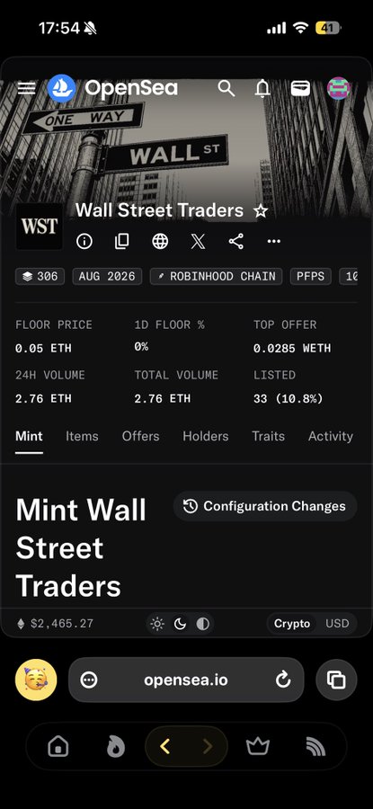A mobile screenshot of the OpenSea app showing a collection called "Wall Street Traders" (WST) on the Robinhood Chain, featuring a "Mint Wall Street Traders" page with a current value of $2,465.27.