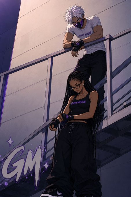 Anime-style digital artwork featuring two characters in 'BURYVERSE' branded clothing on a balcony, with purple graffiti 'GM' (good morning) and sparkles in the background.