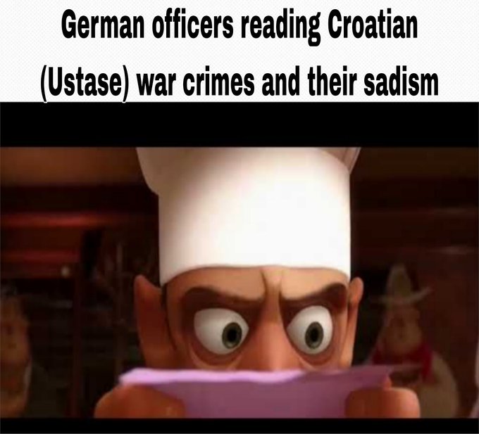 The image features an animated cartoon character wearing a chef's hat, with a pink sheet of paper covering their face. The character appears to be looking at something behind them while holding the pink sheet over their head. The text above the image reads "German officers reading Croatian (Ustase) war crimes and their sadness", which is likely a reference to the war in Bosnia and Herzegovina, where German officers were involved in committing war crimes against civilians during the 1990s.