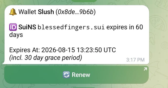 The image shows an email from SuiNSdapp that has been sent via text message or instant messaging app. The email contains information about the account, including its name, expiration date, and a reminder for renewal. It also mentions that the account is being used by someone named @PawtatoFinance to remind others of the account's expiration date.