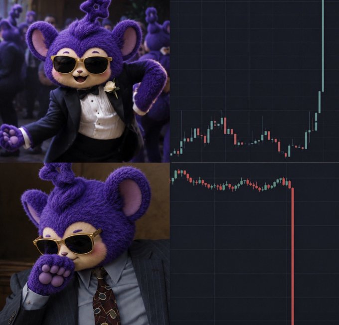 A two-panel image showing a purple teddy bear character (POFFI) in a tuxedo and sunglasses feeling distressed in the top image, while the bottom-right candle charts depict a green price surge abruptly crashing into a massive red decline. The visual perfectly captures the "diamond hands" sentiment—POFFI's despair mirrors the painful market dip that true believers must endure and buy into.