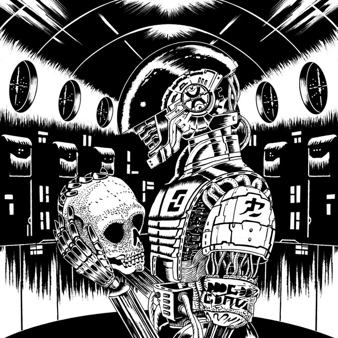 A black and white manga-style illustration of a cyborg holding a skull, set in a futuristic environment.
