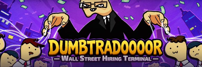 A cartoon banner shows a smirking Wall Street-style figure in a black suit and sunglasses raining down money, with the bold yellow text "DUMBTRADOOOR — Wall Street Hiring Terminal" displayed over a purple cityscape, promoting the upcoming September 3 NFT mint giveaway on the Ink chain.
