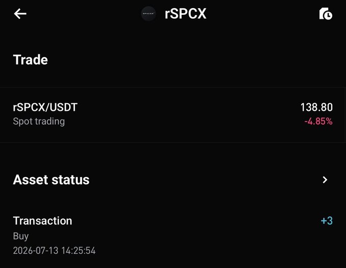 A Robinhood trade screen shows a completed buy transaction for the rSPCX/USDT tokenized stock pair at $138.80, illustrating the post's point about trading a tokenized version of SpaceX on crypto rails instead of traditional equity markets.