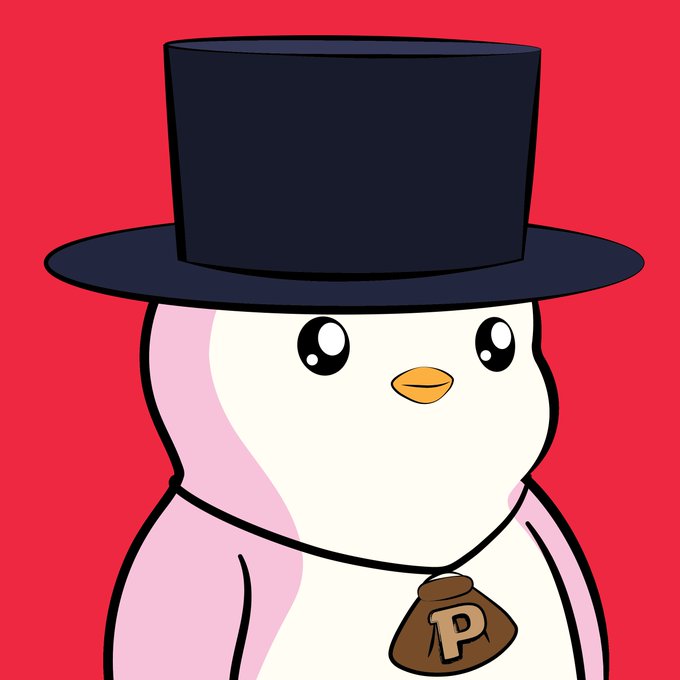 Cartoon illustration of a cute white penguin-like character with a pink belly, wearing a black top hat and a brown bag with the letter 'P' on it, set against a red background.