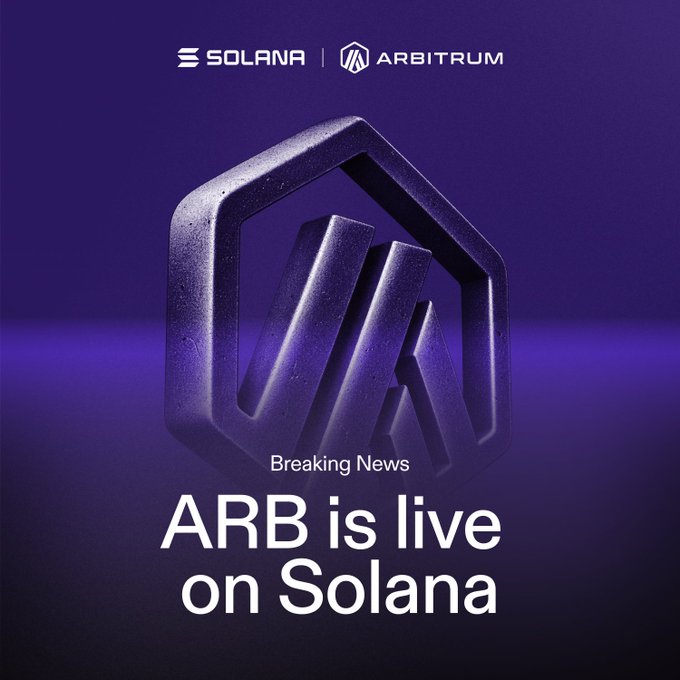 A sleek purple promotional graphic featuring the Solana and Arbitrum logos announces "Breaking News: ARB is live on Solana." The accompanying post celebrates the cross-chain availability of the $ARB token on Solana via Sunrise, highlighting benefits like improved spread and lower fees.