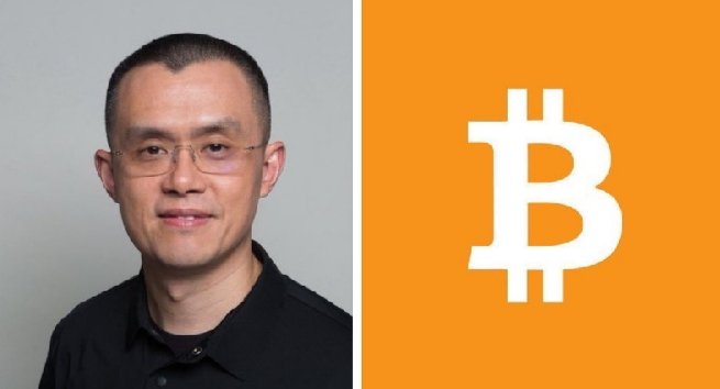 A bespectacled man in a black polo shirt is pictured alongside the orange Bitcoin logo, visually connecting CZ's message about cryptocurrency to financial freedom and long-term holding.