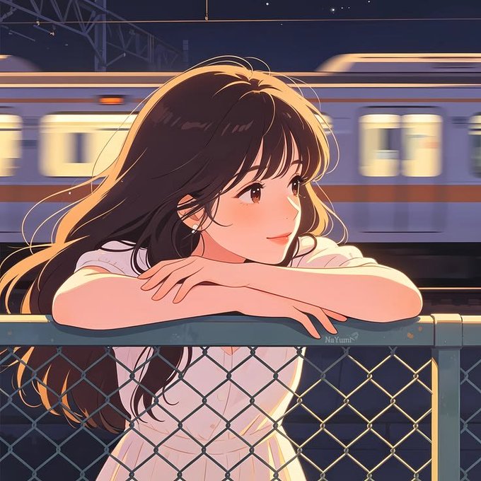 The image shows an anime-style illustration of a young woman with long brown hair resting her arms on a chain-link fence, gazing off to the side as a train passes behind her at dusk.

The image metaphorically reinforces the post's caption about "$RIVER Season 6 is picking up speed," visually echoing the motion of the passing train to symbolize momentum and forward progress in the River ecosystem.