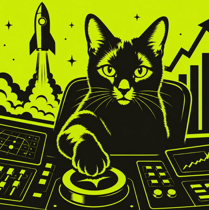 A stylized neon yellow and black digital illustration of a cat wearing a hoodie, sitting at a control panel with a rocket launching in the background and stock charts/graphs displayed on screens, with an upward trending arrow on the right.