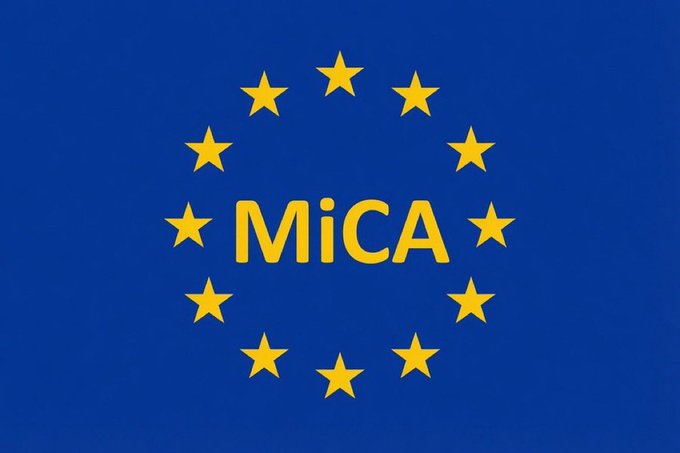 The image shows the European Union flag with the word "MiCA" prominently displayed in the center, referencing the EU's Markets in Crypto-Assets regulation that takes effect July 1, as mentioned in the post about the crypto industry crackdown. The EU flag symbolizes the regulatory authority behind the new MiCA framework that will require crypto firms to obtain licenses or cease operations in Europe.
