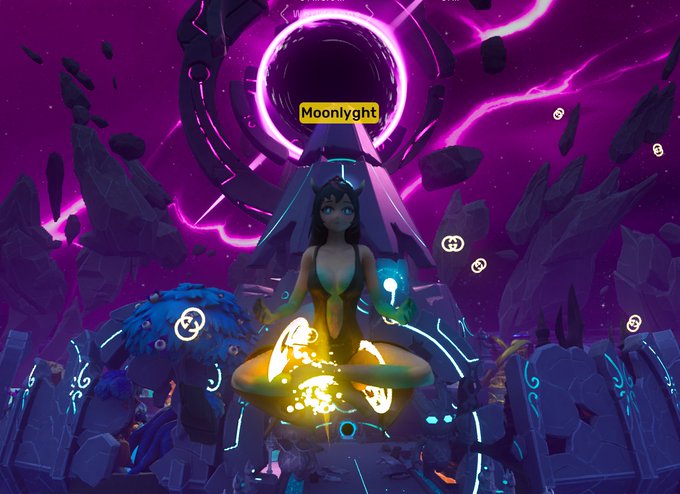 The image shows a character named "Moonylght" meditating in a lotus position, emanating glowing yellow energy, with a swirling purple cosmic portal in the background—fitting the post's depiction of a Tidera meditating within the OthersideMeta metaverse.