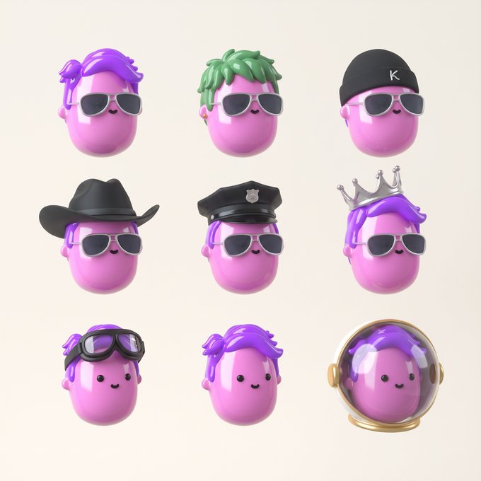 A 3x3 grid of glossy purple character heads wearing various accessories, including sunglasses, a cowboy hat, a police hat, a crown, goggles, and a space helmet.