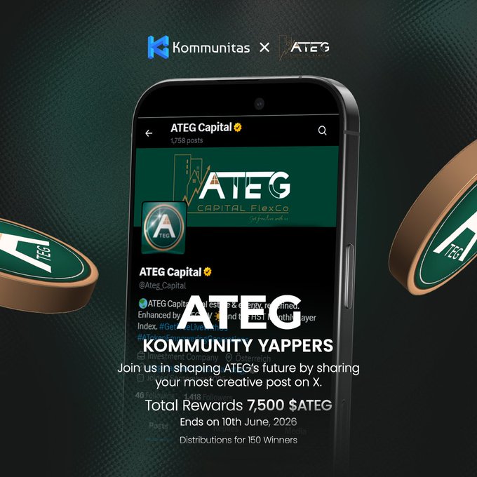 The image features a cell phone with an advertisement for a social media platform called @Ateg Capital. The phone's screen displays the text "Ateg Capital" along with some other information about the platform, such as its purpose and benefits. The background of the image is black, which contrasts with the white text on the phone's screen. There are also two green circles in the image, one located above the phone and another below it. These circles appear to be related to the social media platform being advertised.