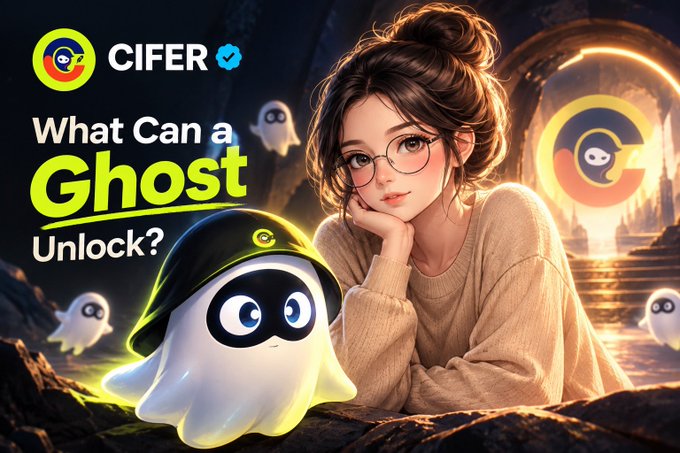 A stylized illustration features a woman with glasses resting her chin on her hand alongside a cute cartoon ghost wearing a green hood, with the text "CIFER" and "What Can a Ghost Unlock?" displayed prominently, visually representing the post's discussion about the value and utility of minting a Ghost through CIFER.