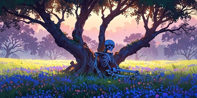A colorful digital painting depicts a human skeleton resting against a large, gnarled tree in a field of vibrant blue and pink flowers under a sunset sky.