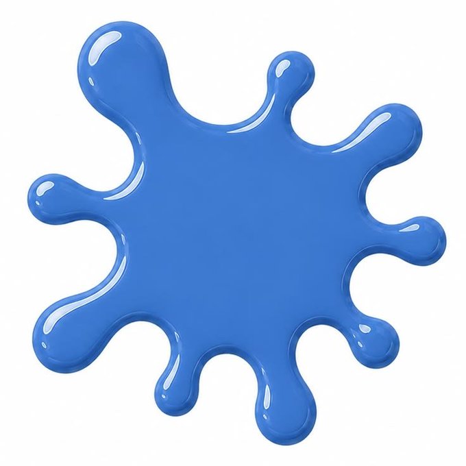 A digital illustration of a blue, splattered liquid or paint shape with a glossy, three-dimensional appearance against a white background.
