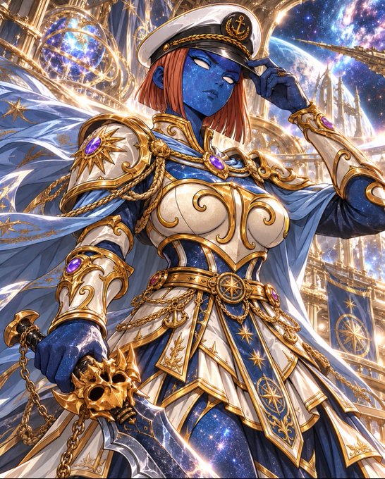 An anime-style illustration of a blue-skinned female warrior in ornate white and gold armor with purple gems, wearing a naval-style hat and holding a golden chained weapon against a starry sky.